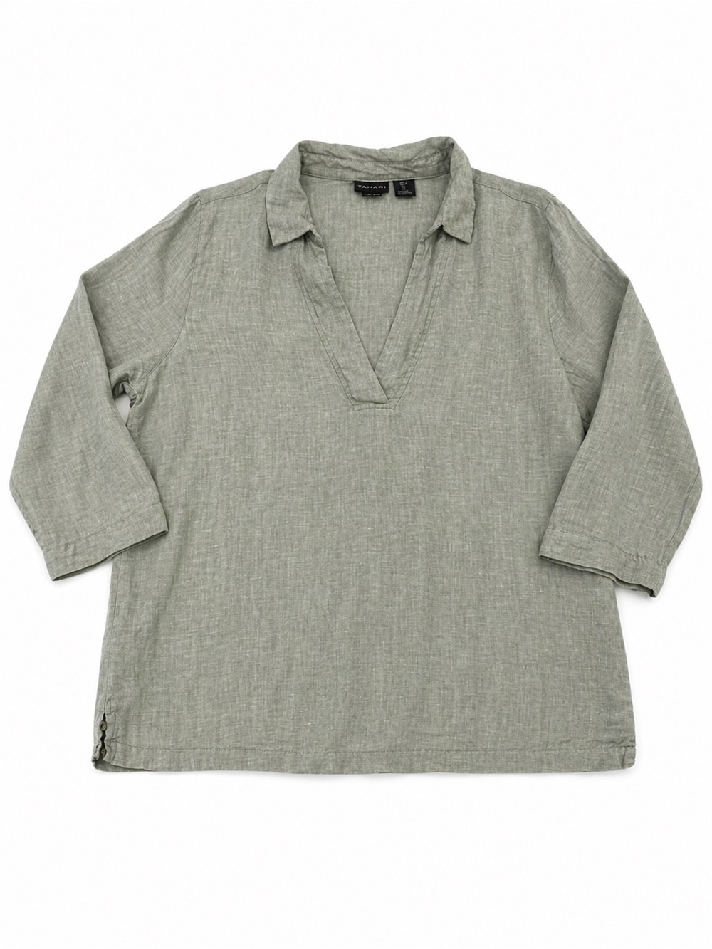 Tahari Women’s Linen Tunic Top Size Large Sage 3/4 Sleeve Coastal Minimalist